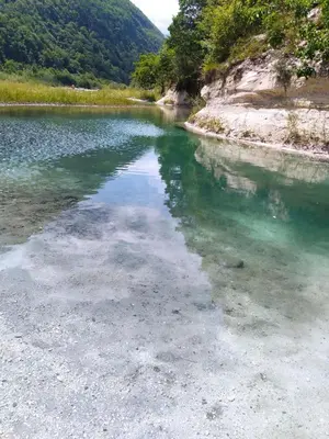 a large body of water with trees in the background at Soca treasure with free parking in Bovec