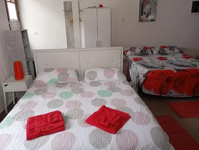 a bedroom with two beds with red pillows on them at Soca treasure with free parking in Bovec