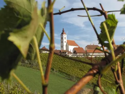 a building with a tower on top of a field at Homestay Kapl in Ledinek