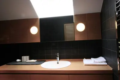 a bathroom with a sink and a mirror at Village House in Železniki