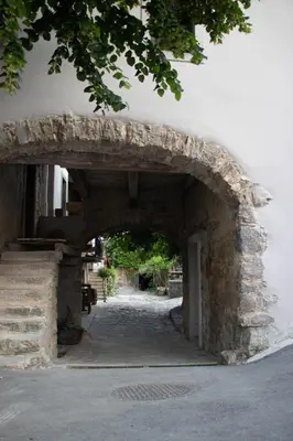 an entrance to a building with a stone archway at Boutique Rooms & Winery Žorž in Vipava