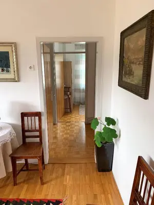 a hallway with a table and chairs and a potted plant at House Amalia in Bled