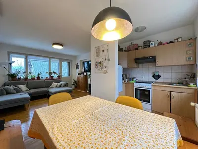 a kitchen and living room with a table with chairs and a dining room at House Amalia in Bled