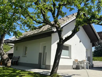 a white house with chairs and a tree at Jack's Apartments in Bled