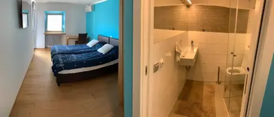 a bedroom with a bed and a bathroom with a shower at Mr and Mrs Bright 5 in Ljubljana