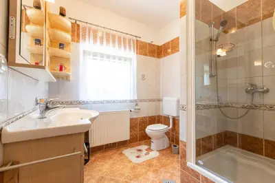 a bathroom with a sink and a shower and a toilet at Apartment Life in Bled