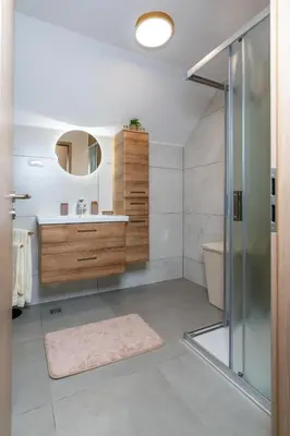 a bathroom with a shower and a sink at Brane & Jaka Apartments in Bohinj