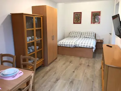 a small room with a bed and a table at Apartments Kamp Podgrad Vransko in Vransko