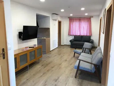 a living room with a tv and a couch and chairs at Apartments Kamp Podgrad Vransko in Vransko