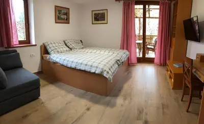 a bedroom with a bed and a couch in it at Apartments Kamp Podgrad Vransko in Vransko