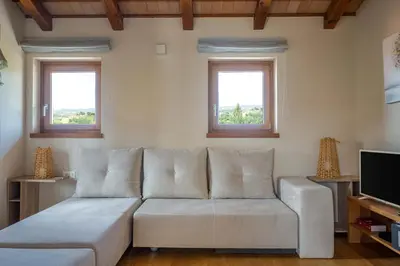 a living room with a couch and two windows at Suites DANICA in Šmartno