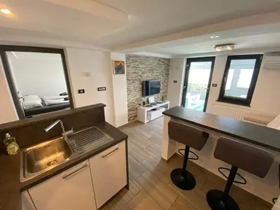 a kitchen with a sink and a living room at Castle View in Tolmin