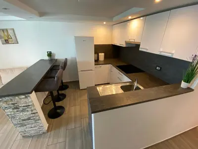 a kitchen with a sink and a counter top at Castle View in Tolmin