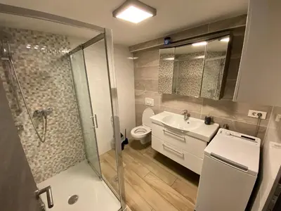 a bathroom with a shower and a sink and a toilet at Castle View in Tolmin