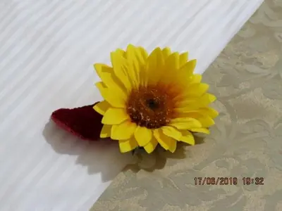 a yellow flower sitting on top of a white plate at Sunlight Apartment in Bled