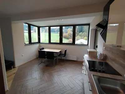 a kitchen with a table and chairs and windows at Apartmaji Maln in Dolenjske Toplice