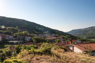a small town with a hill in the background at Hiša Hrastovlje - Countryside House in Hrastovlje