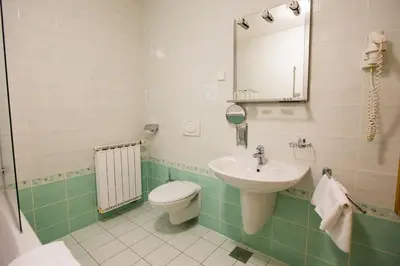 a bathroom with a sink and a toilet and a mirror at Bolfenk lodge apartment in Pohorje
