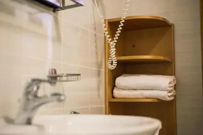 a bathroom with a sink and a shelf with towels at Bolfenk lodge apartment in Pohorje