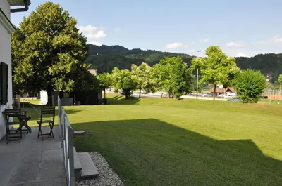 a patio with a grassy yard with chairs and trees at Vas Lipa 7 -30 in Podčetrtek