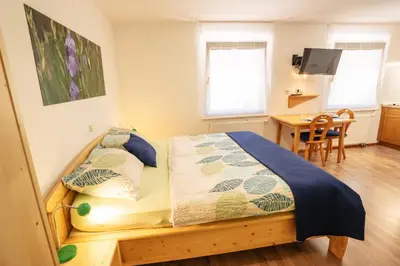 a small bedroom with a bed and a desk at Apartmaji Alpski cvet - Hiša Gorenc in Bohinj