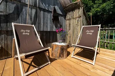two chairs sitting next to a stump on a deck at Apartma waterfall Slap in Bohinj