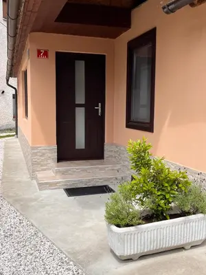 a black door on the side of a building with plants at APARTMA BENY with SAUNA in Žaga