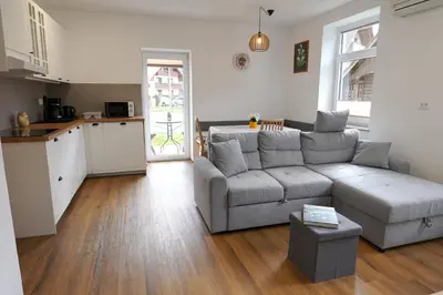 a living room with a couch and a kitchen at Apartma in studio Jerca ob Savi in Bohinj