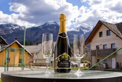 a bottle of champagne and two wine glasses on a table at Apartma in studio Jerca ob Savi in Bohinj