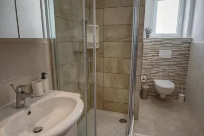 a bathroom with a sink and a glass shower at Apartma in studio Jerca ob Savi in Bohinj