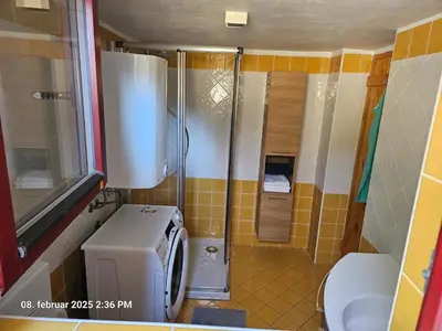 a small bathroom with a toilet and a shower at Prbajtnjeko in Bohinj