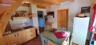 a kitchen with wooden cabinets and a refrigerator at Prbajtnjeko in Bohinj