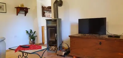 a living room with a fireplace with a flat screen tv at Prbajtnjeko in Bohinj