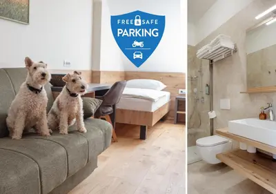 two pictures of a dog sitting on a couch in a room at Guesthouse Turšič in Vrhnika