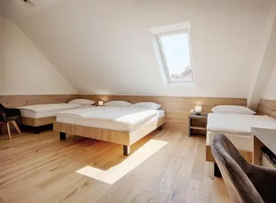 a room with two beds and a window at Guesthouse Turšič in Vrhnika