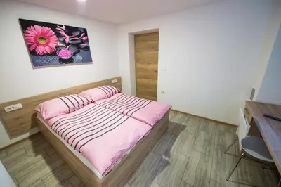 a small bedroom with a bed with pink sheets at Guesthouse Urša in Preddvor