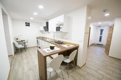 a kitchen with a table and chairs in a room at Guesthouse Urša in Preddvor