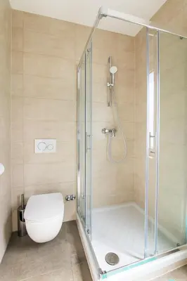 a bathroom with a glass shower with a toilet at Positive sport apartments in Kobarid