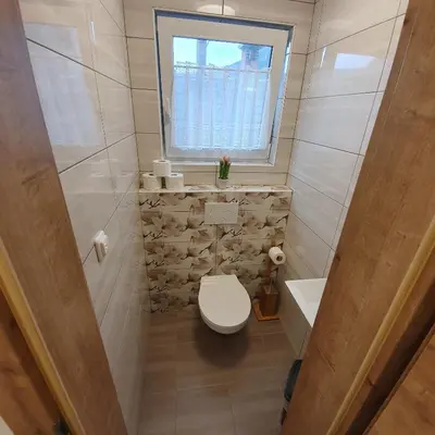 a small bathroom with a toilet and a window at Apartments Mojstrana - Kekec in Mojstrana