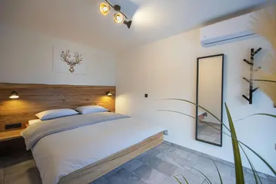 a bedroom with a bed and a mirror at Chilly apartment in Bled