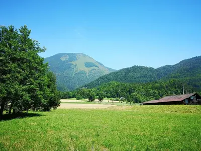 a mountain in the distance with a field and a barn at Holiday House Red Deer in Preddvor