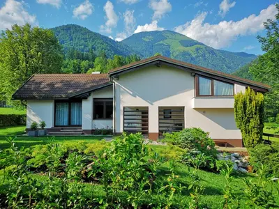 a house with mountains in the background at Holiday House Red Deer in Preddvor