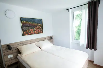 a bed in a room with a window at Hiša Poljana Rooms in Prevalje