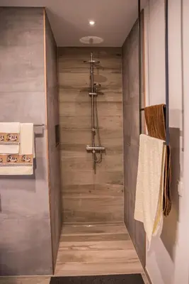 a shower in a bathroom with wooden walls at Residence Novak Bohinj in Bohinj
