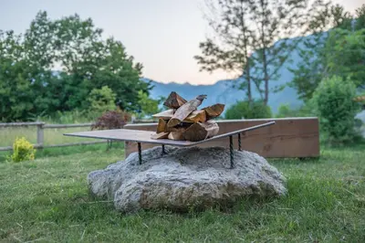 a group of stuffed animals sitting on a surfboard on a rock at Residence Novak Bohinj in Bohinj