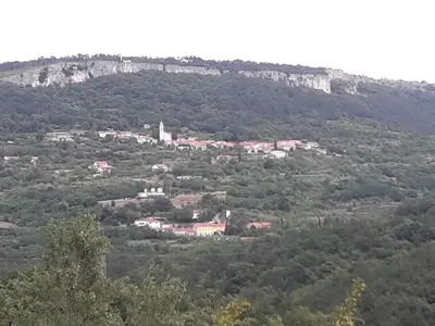 a town on top of a hill with trees at APARTMAJI MATAŽIN in Črni Kal