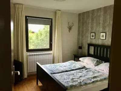 a bedroom with a bed and a window at Hisa Smast in Kobarid
