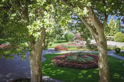 a garden with trees and flowers in a park at Boutique Hotel Sunrose 7 - Gourmet & SPA in Bohinj