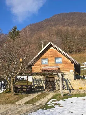 a wooden house with a mountain in the background at Relaxing Cottage Donacka Gora in Rogatec
