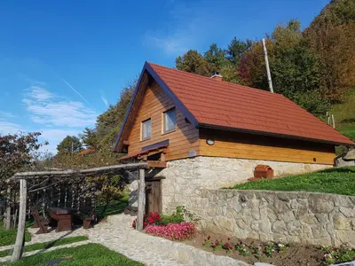 a wooden house with a red roof on a hill at Relaxing Cottage Donacka Gora in Rogatec